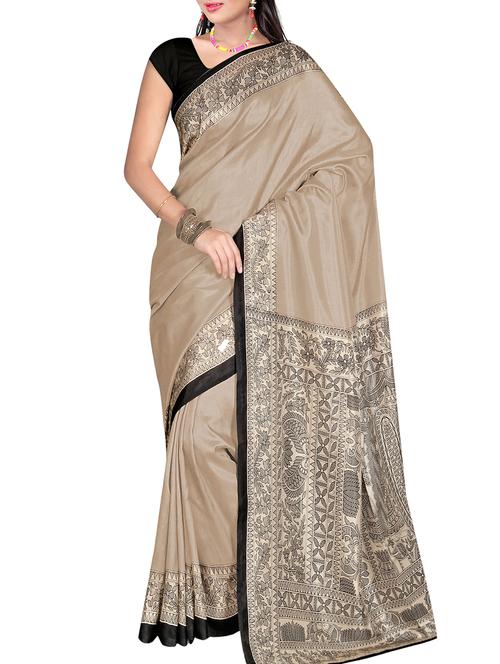 beige silk blend mysore saree with blouse - 15104315 - Very Small Image - 1
