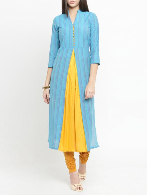 blue cotton blend a-line kurta - 15105149 - Very Small Image - 1