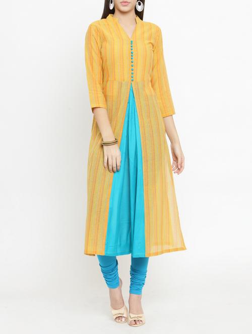 yellow cotton blend a-line kurta - 15105150 - Very Small Image - 1