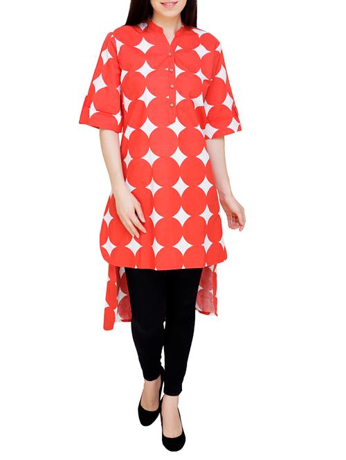 red cotton highlow kurta - 15106501 - Very Small Image - 1
