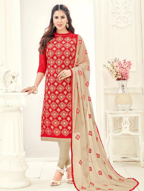 red embroidered unstitched churidaar suit - 15108382 - Very Small Image - 1