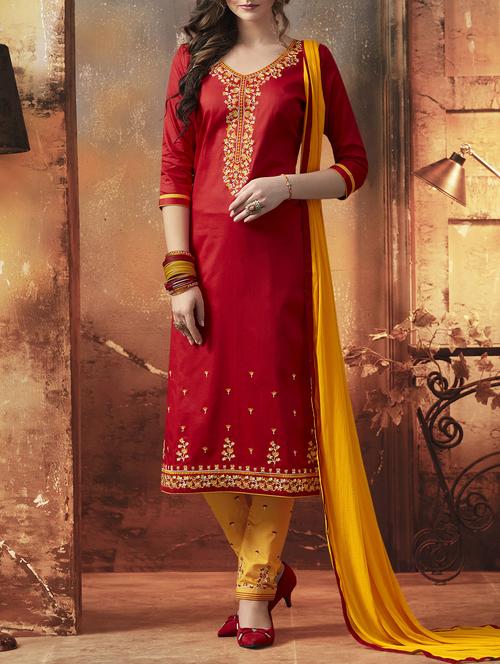 red embroidered unstitched straight pant suit - 15115007 - Very Small Image - 1