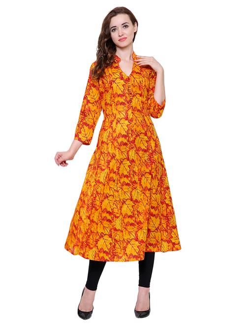yellow cotton flared kurta - 15115340 - Very Small Image - 1