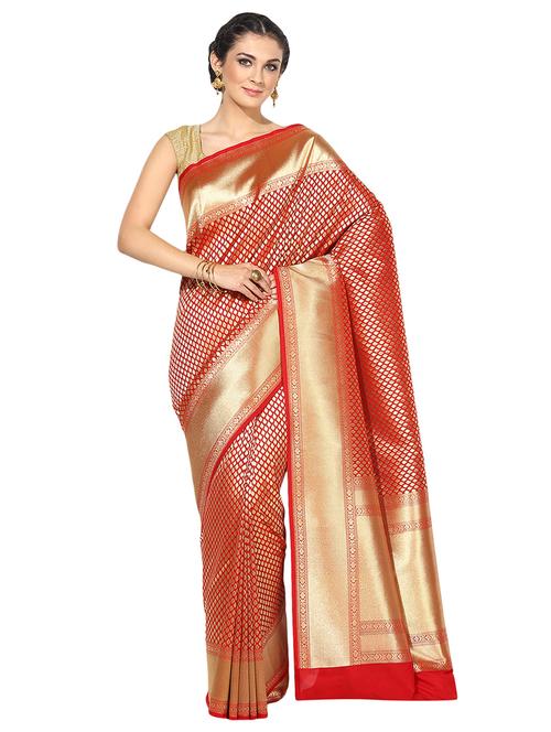 red cotton silk banarasi saree with blouse - 15118954 - Very Small Image - 1