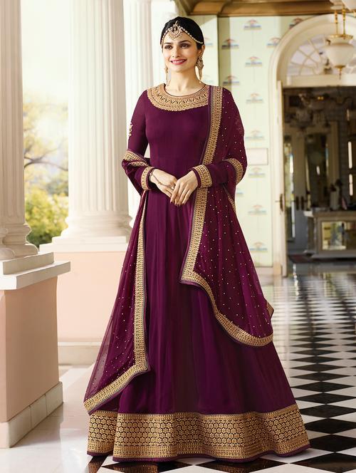 purple semi-stitched anarkali suits - 15122503 - Very Small Image - 1