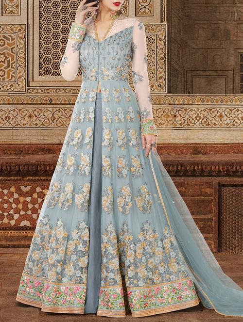 grey embroidered semi-stitched anarkali suit - 15122515 - Very Small Image - 1