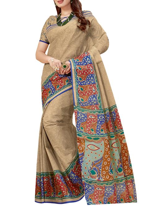 kalamkari printed beige saree with blouse - 15125201 - Very Small Image - 1