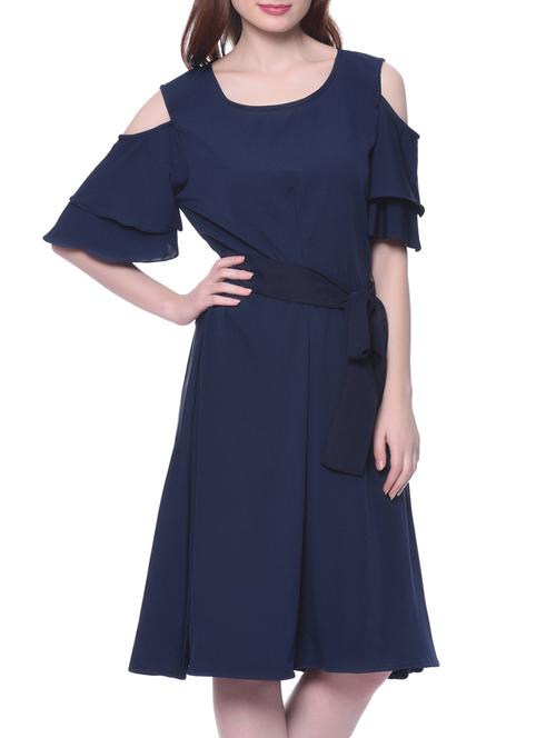 navy blue solid crepe belted dress - 15125507 - Very Small Image - 1