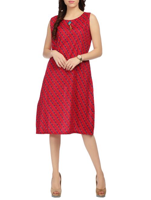 pink printed cotton a-line dress - 15125571 - Very Small Image - 1