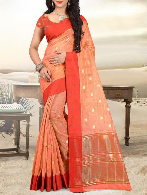 Peach Cotton Saree With Blouse - 15127808 - Very Small Image - 1