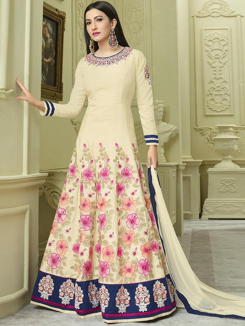 cream semi-stitched anarkali suits - 15128279 - Very Small Image - 1
