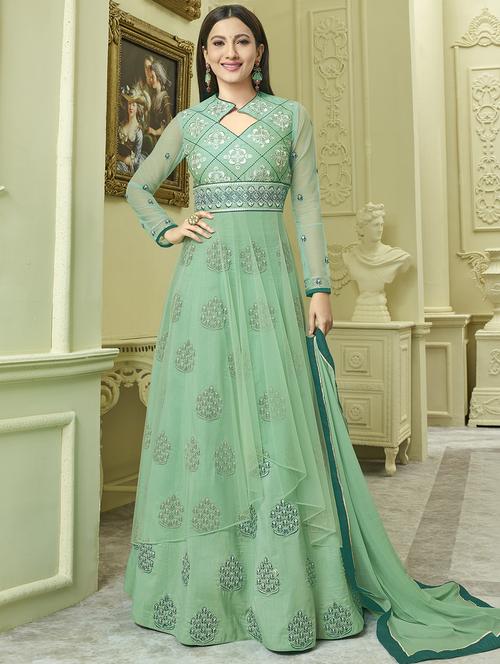 green semi-stitched anarkali suit - 15128280 - Very Small Image - 1