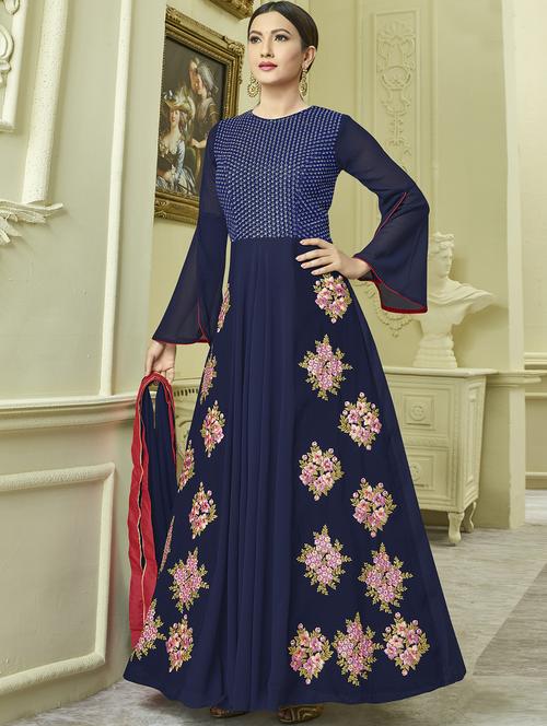 blue semi-stitched anarkali suits - 15128281 - Very Small Image - 1