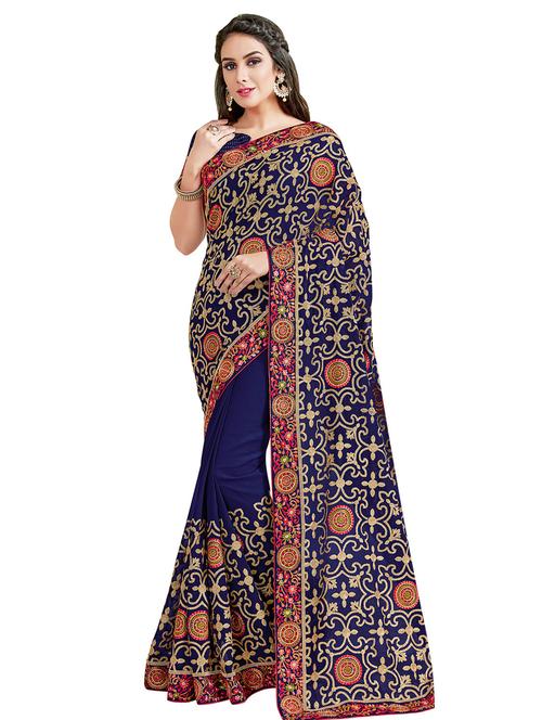 blue georgette embroidered saree with blouse - 15128829 - Very Small Image - 1