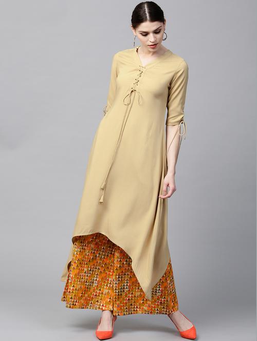  solid kurta with cotton printed palazzo - 15129033 - Very Small Image - 1