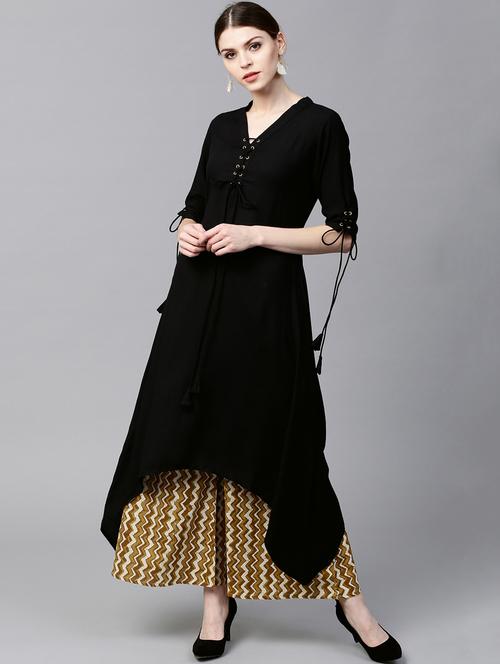 criss cross solid kurta with cotton printed palazzo - 15129034 - Very Small Image - 1