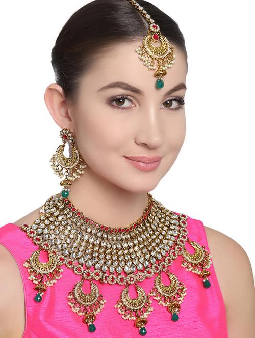 necklace, earrings & maangteeka - 15138734 - Very Small Image - 1