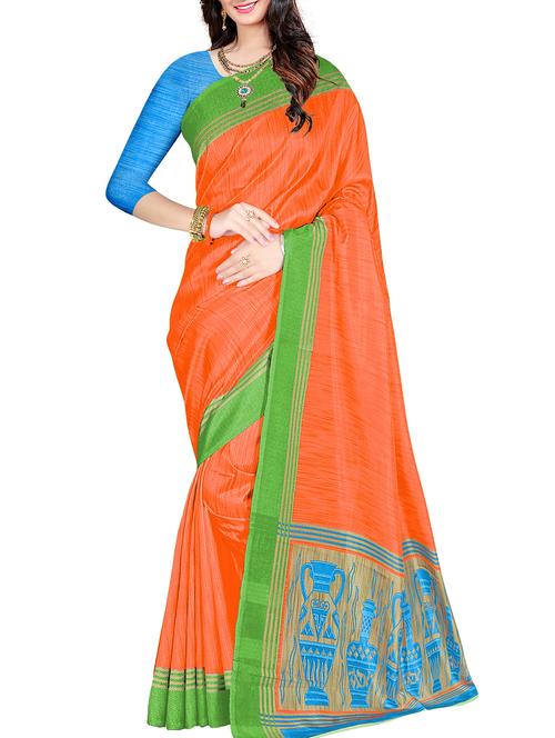 orange art silk bordered saree with blouse - 15140146 - Very Small Image - 1