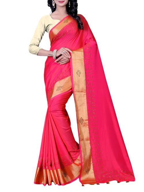 pink silk blend bordered saree with blouse - 15140892 - Very Small Image - 1