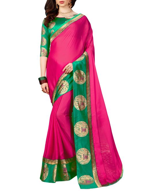 pink silk blend bordered saree with blouse - 15140916 - Very Small Image - 1