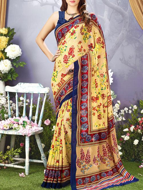 yellow georgette printed saree with blouse - 15140959 - Very Small Image - 1