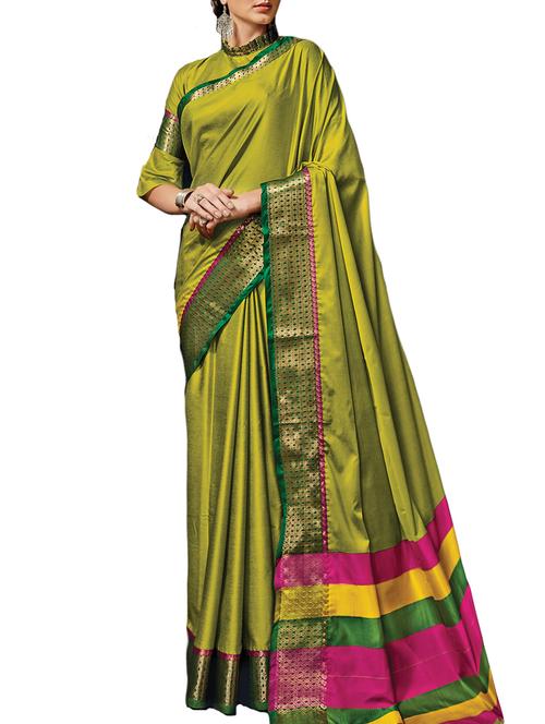 green cotton bordered saree with blouse - 15141257 - Very Small Image - 1
