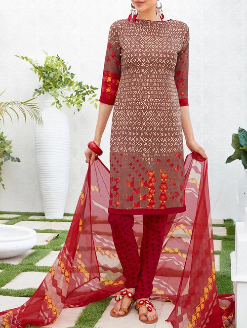 brown crepe unstitched churidaar suit - 15142373 - Very Small Image - 1