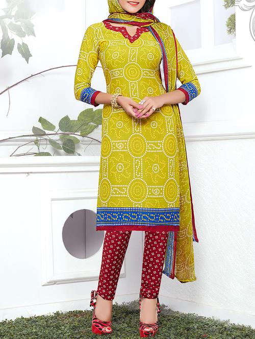 yellow crepe unstitched churidaar suit - 15142391 - Very Small Image - 1