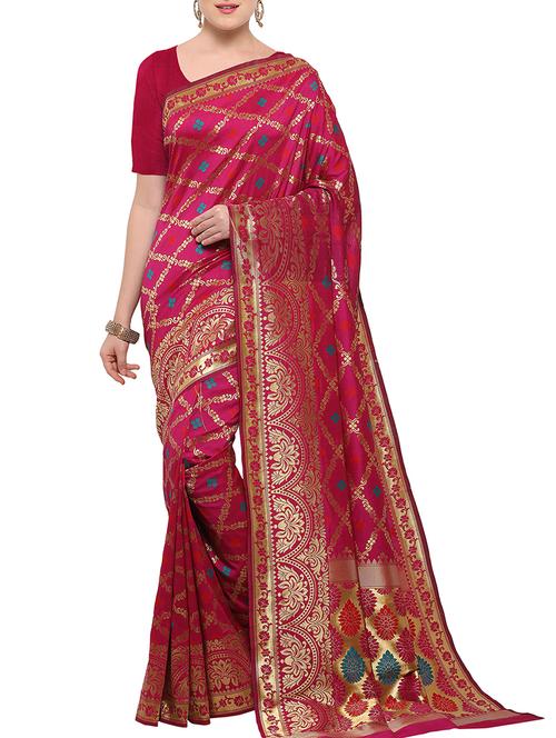 magenta silk blend banarasi saree with blouse - 15142446 - Very Small Image - 1