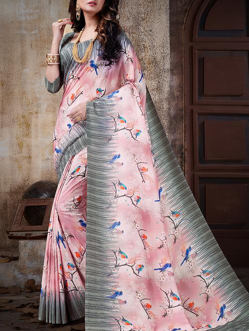 pink cotton silk printed saree with blouse - 15142464 - Very Small Image - 1