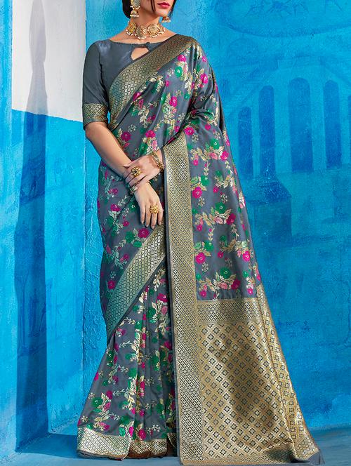 grey silk blend banarasi saree with blouse - 15142481 - Very Small Image - 1