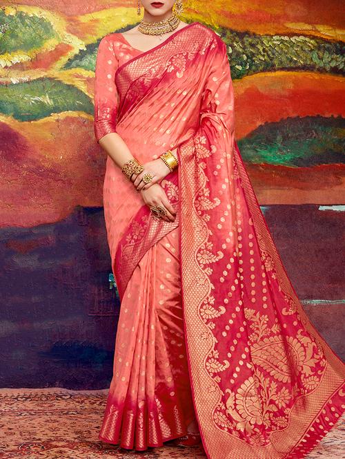 peach silk blend banarasi saree with blouse - 15142503 - Very Small Image - 1