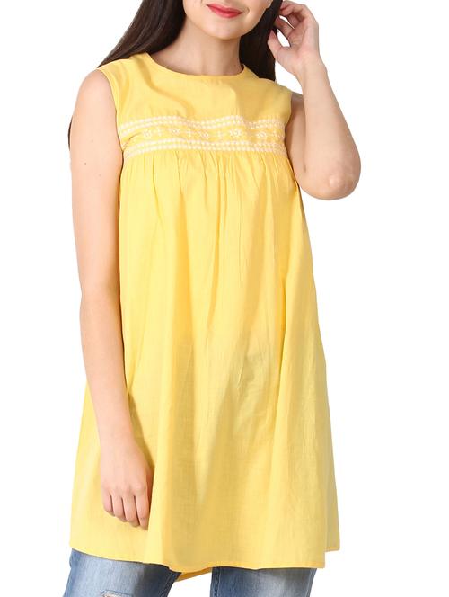 yellow cotton flared kurti - 15143813 - Very Small Image - 1