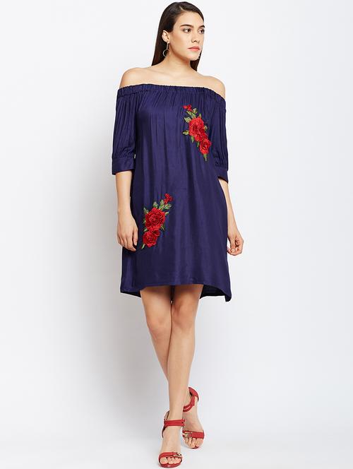 navy blue embroidered off shoulder dress - 15146229 - Very Small Image - 1