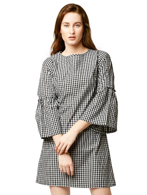 frill trim checkered bell sleeved dress - 15146668 - Very Small Image - 1