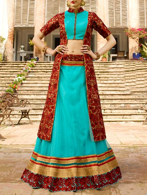 blue embroidered flared lehenga jacket - 15148349 - Very Small Image - 1