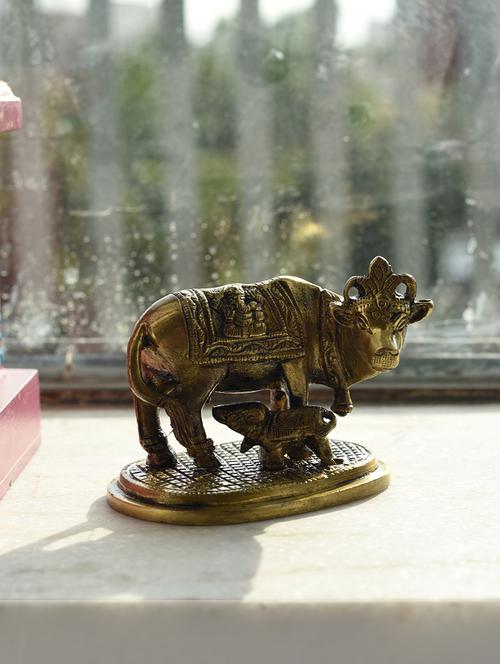 brass holy kamdhenu cow and calf figurine - 15149490 - Very Small Image - 1