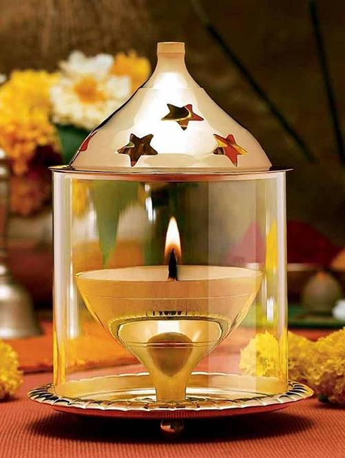 brass and glass akhand diya - 15149566 - Very Small Image - 1