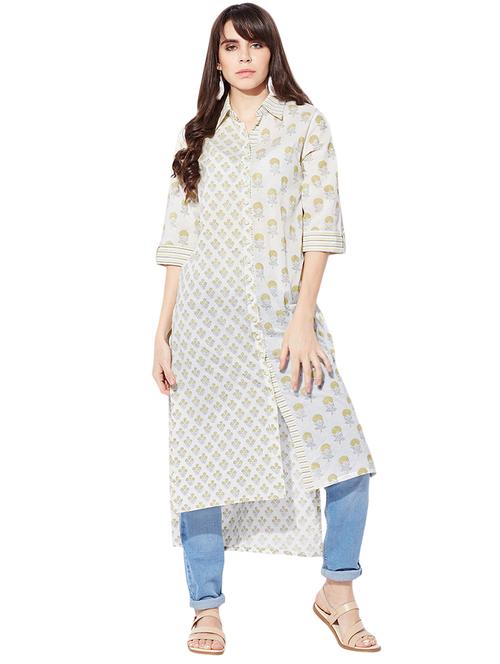 yellow cotton highlow kurta - 15149713 - Very Small Image - 1