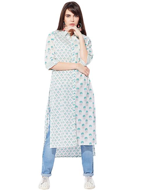 green cotton highlow kurta - 15149714 - Very Small Image - 1