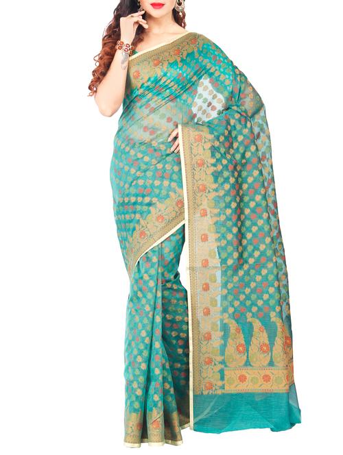 floral zari border woven saree with blouse - 15152209 - Very Small Image - 1