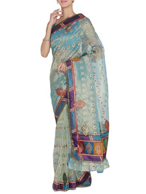 sky blue art silk woven saree with blouse - 15159604 - Very Small Image - 1