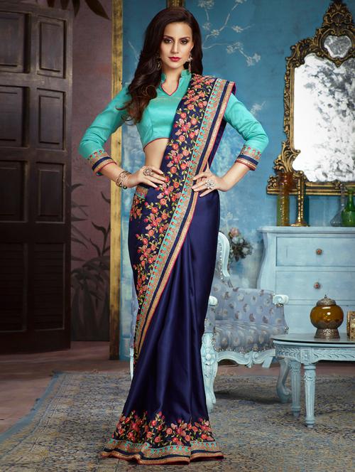 floral resham thread work bordered saree with blouse - 15159633 - Very Small Image - 1