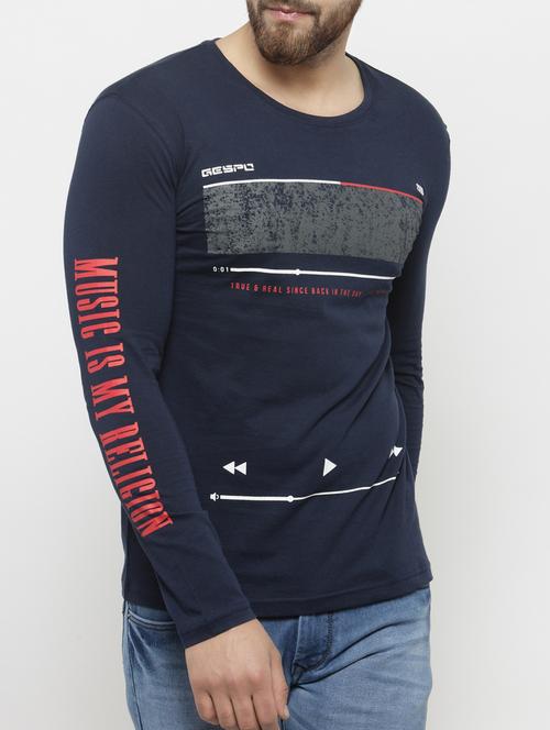 navy blue cotton front print t-shirt - 15160932 - Very Small Image - 1