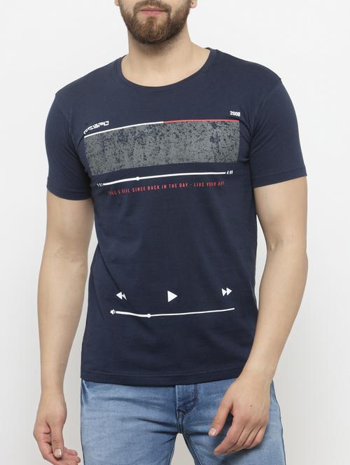 navy blue cotton front print t-shirt - 15160943 - Very Small Image - 1
