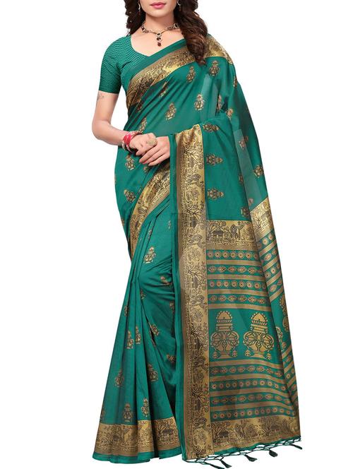 green silk blend printed saree with blouse - 15162477 - Very Small Image - 1