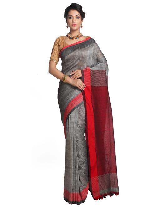 grey linen handloom saree with blouse - 15162656 - Very Small Image - 1