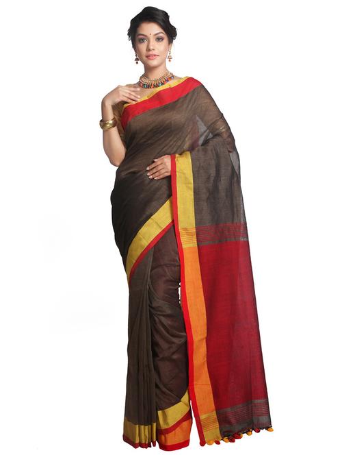 brown linen handloom saree with blouse - 15162658 - Very Small Image - 1