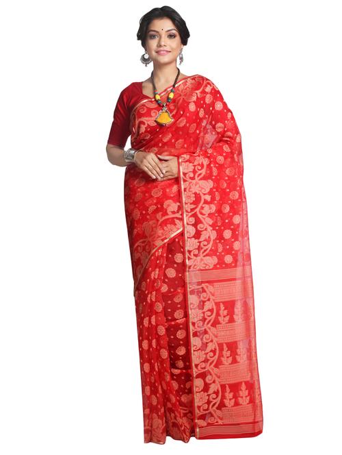 PinkLoom Red Dhakai Jamdani Saree of Silk with blouse - 15162756 - Very Small Image - 1