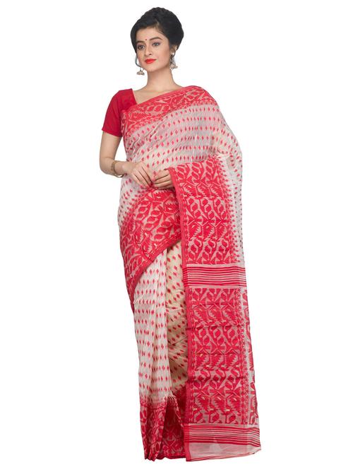 PinkLoom White Dhakai Jamdani Saree of Muslin without Blouse - 15162794 - Very Small Image - 1